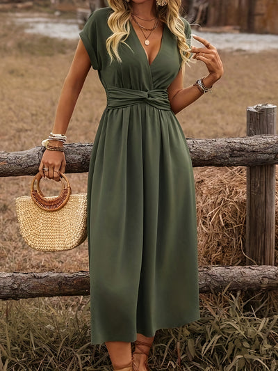 Boho Midi Dress – Batwing Sleeve, Twist Back, Drawstring - Lunavitae