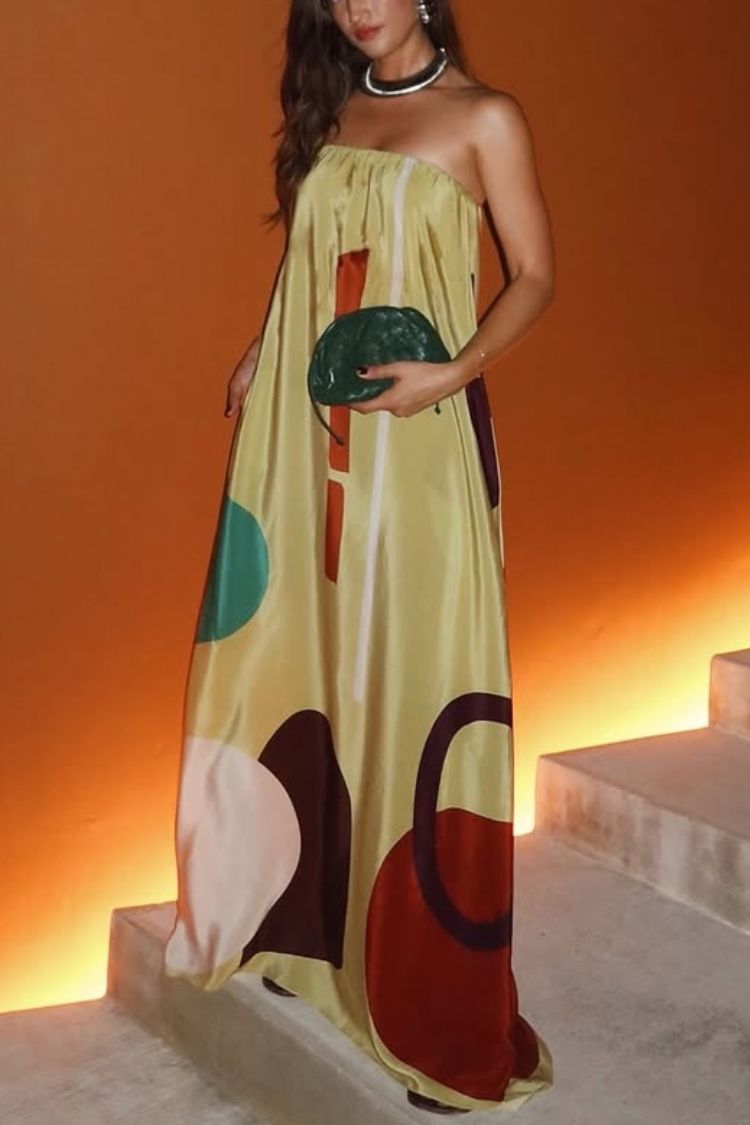 Miss Me Satin Unique Printed Off Shoulder Pocketed Loose Maxi Dress - Lunavitae