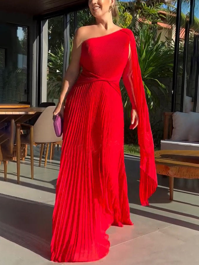 Elegant Flowing Pleated Off-the-Shoulder Maxi Dress - Lunavitae