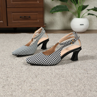 Square Toe Kitten Heels – Houndstooth, Slip-On - Lunavitae