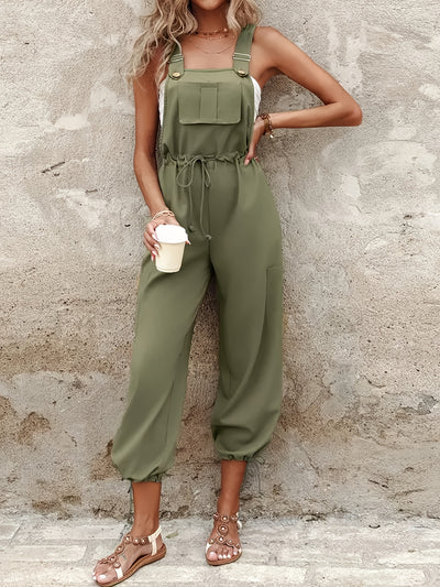 Olive Green Cargo Jumpsuit – Drawstring Waist, Pockets - Lunavitae