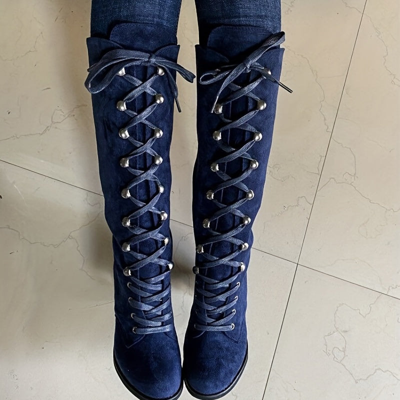 Chunky Heel Lace-Up Boots – Women’s Knee-High Style - Lunavitae