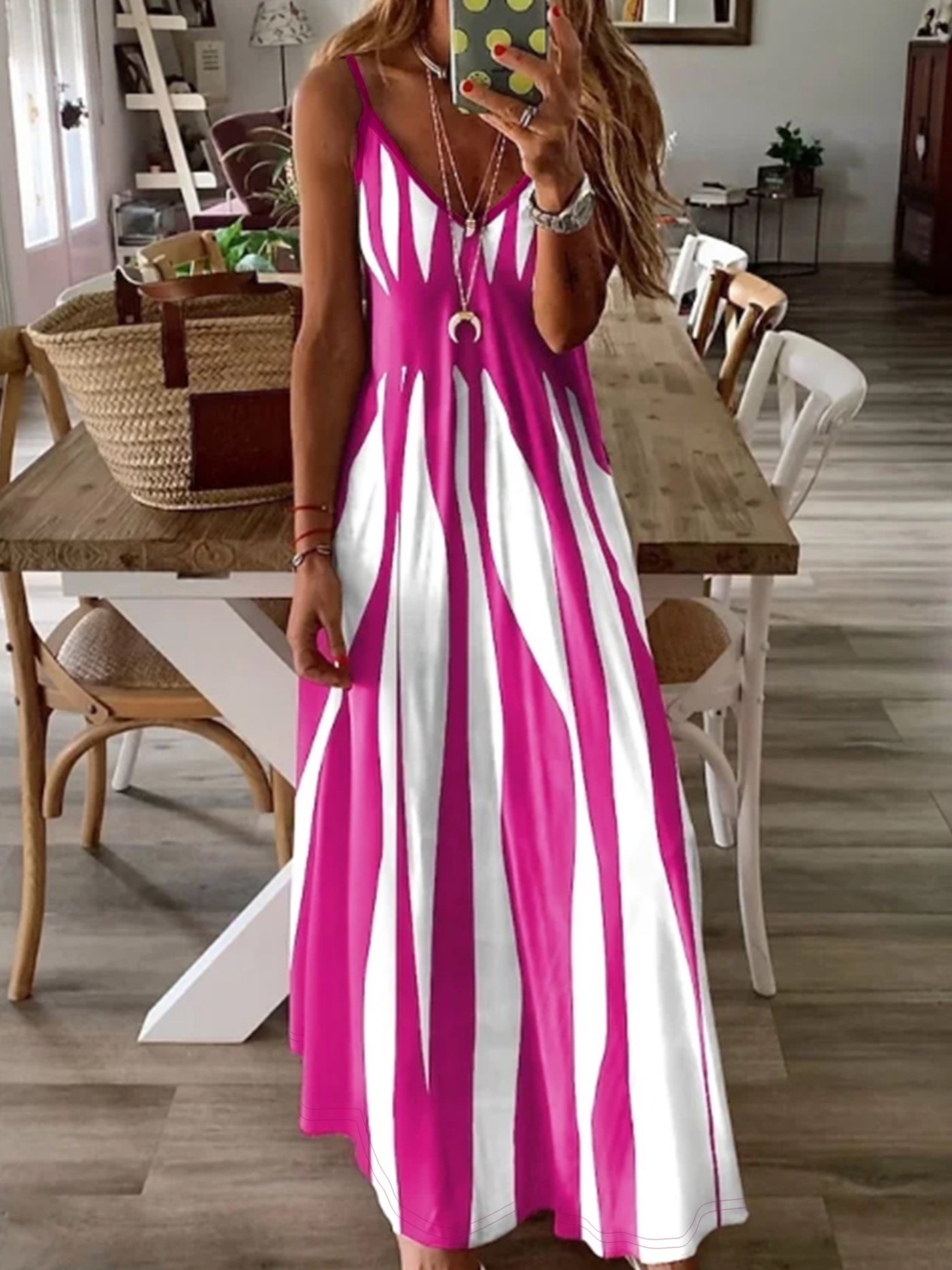Striped V-Neck Cami Dress – Sleeveless & Chic - Lunavitae
