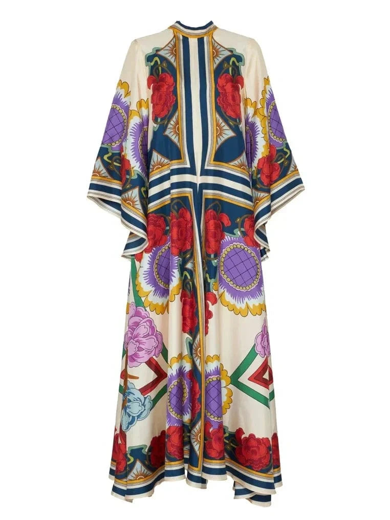Exquisite Floral Print Draped Waterfall Sleeves Maxi Dress - Lunavitae