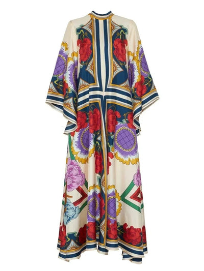 Exquisite Floral Print Draped Waterfall Sleeves Maxi Dress - Lunavitae