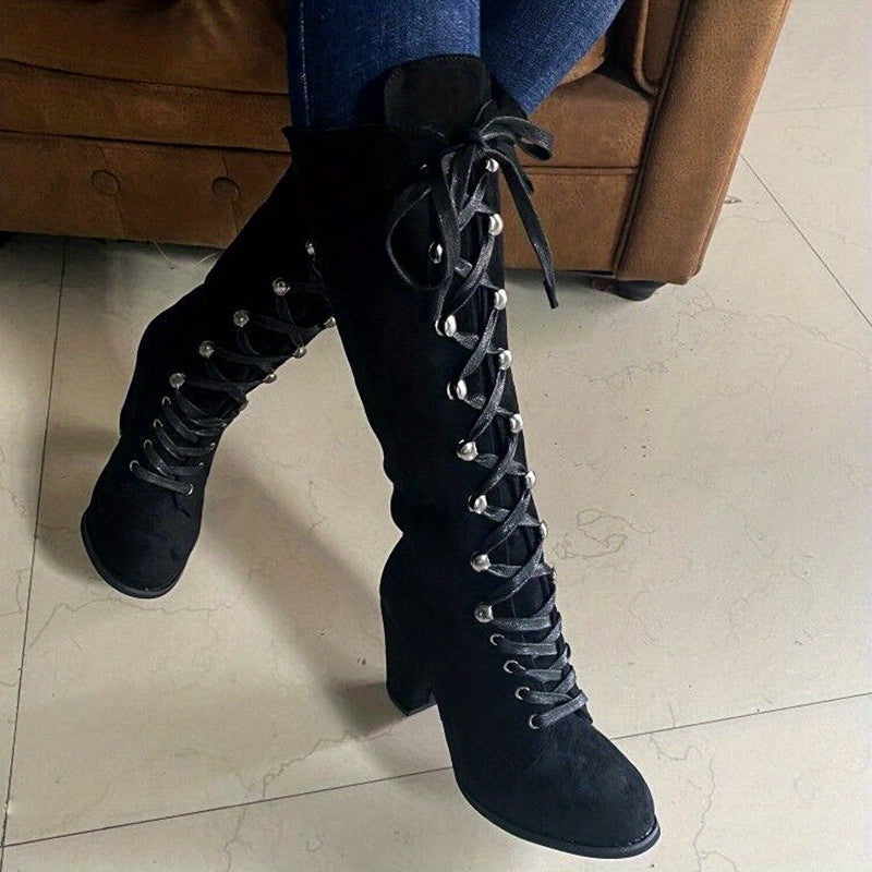 Chunky Heel Lace-Up Boots – Women’s Knee-High Style - Lunavitae