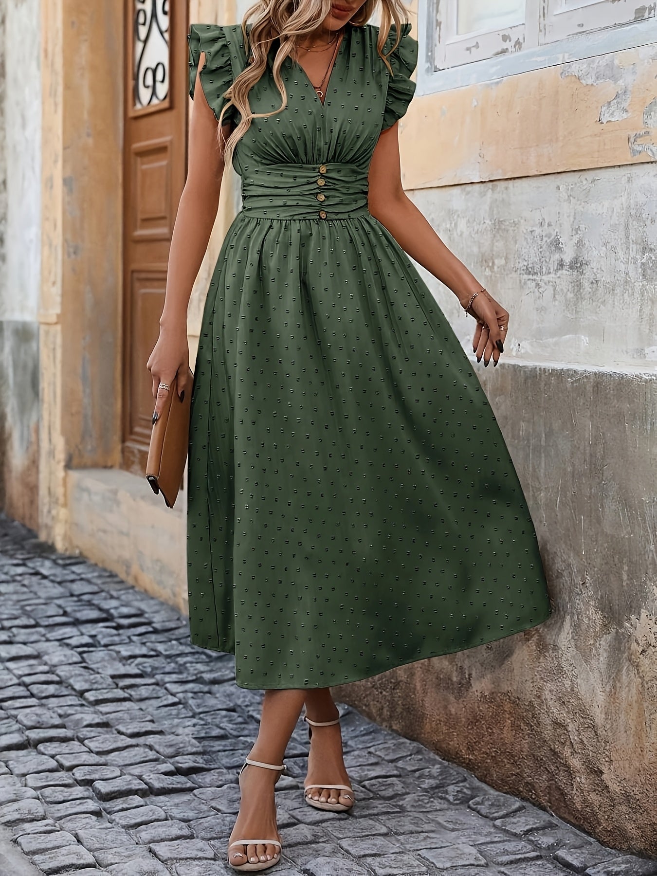 V-Neck Midi Dress – Ruffled Boho Style with Pockets - Lunavitae