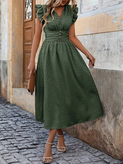 V-Neck Midi Dress – Ruffled Boho Style with Pockets - Lunavitae