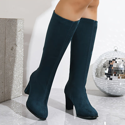 Chunky Heel Knee-High Boots – Back Zipper, Slimming Look - Lunavitae