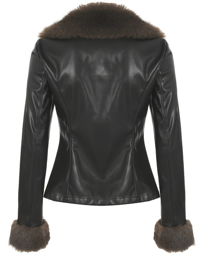 Retro PU Jacket – Faux Fur Trim Winter Slim Coat - Lunavitae