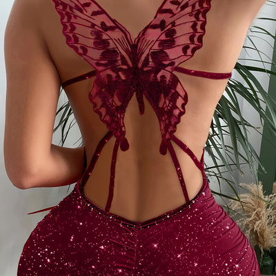 Butterfly Print Bodycon Dress – Backless & Sparkly - Lunavitae
