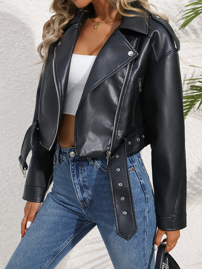 Black Faux Leather Jacket – Belted Streetwear - Lunavitae