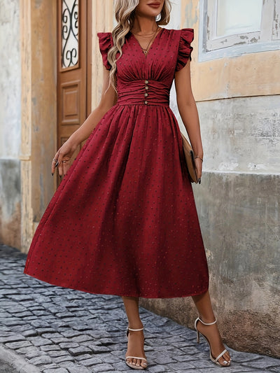 V-Neck Midi Dress – Ruffled Boho Style with Pockets - Lunavitae