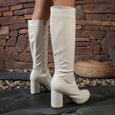 Knee-High Chunky Heel Boots – Women’s Slip-On with Zipper - Lunavitae