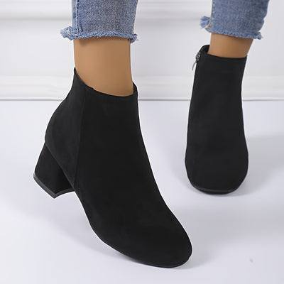 Women's Solid Color Block Heeled Ankle Boots - Side Zipper Short Boots - Lunavitae