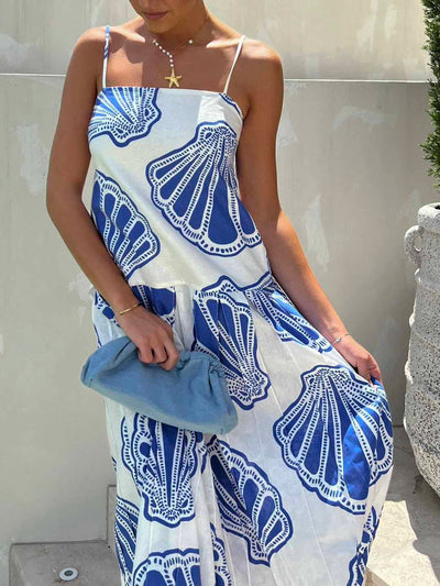 Holiday Casual Ocean Shell Print Sling Maxi Dress - Lunavitae