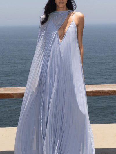 Elegant V-neck Pleated Flowy Maxi Dress - Lunavitae