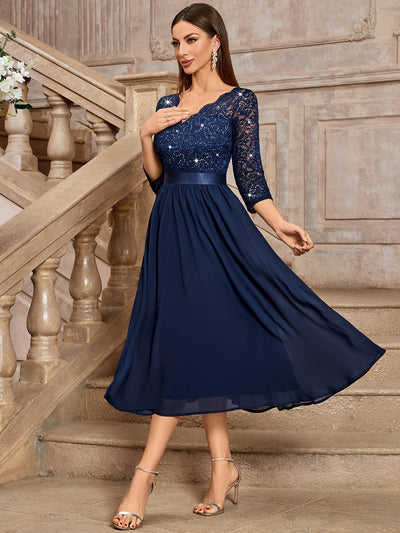 Sequin Lace Midi Dress – V-Neck, Tulle Skirt, 3/4 Sleeve - Lunavitae