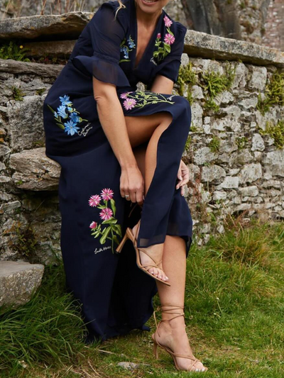 Navy Blue Flower Embroidery Elegant Dress - Lunavitae