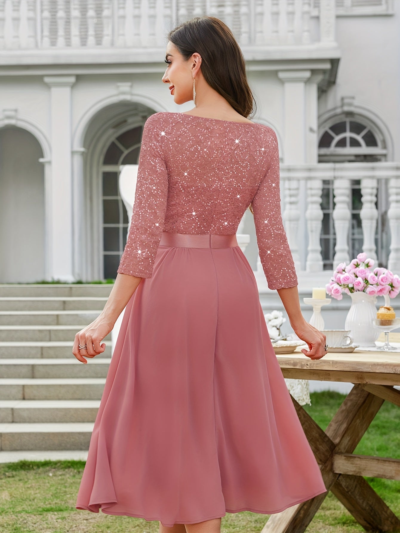 Sequin Lace Midi Dress – V-Neck, Tulle Skirt, 3/4 Sleeve - Lunavitae