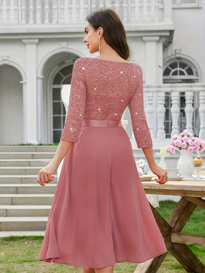 Sequin Lace Midi Dress – V-Neck, Tulle Skirt, 3/4 Sleeve - Lunavitae