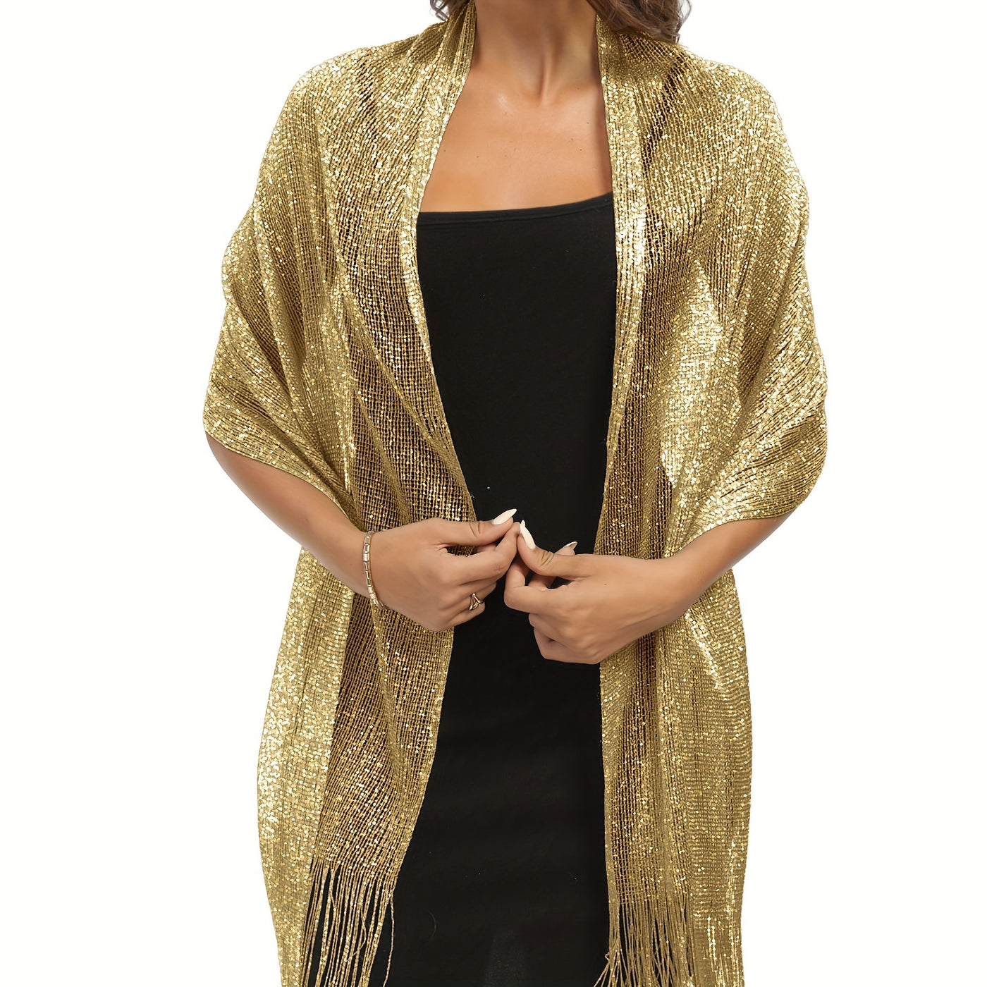 Sparkling Metallic Shawl – Tassel Wrap with Buckle - Lunavitae