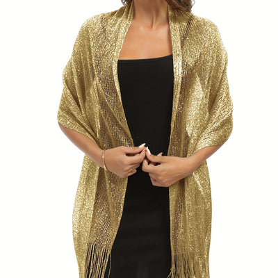 Sparkling Metallic Shawl – Tassel Wrap with Buckle - Lunavitae