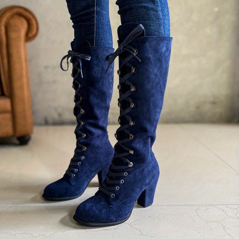Chunky Heel Lace-Up Boots – Women’s Knee-High Style - Lunavitae