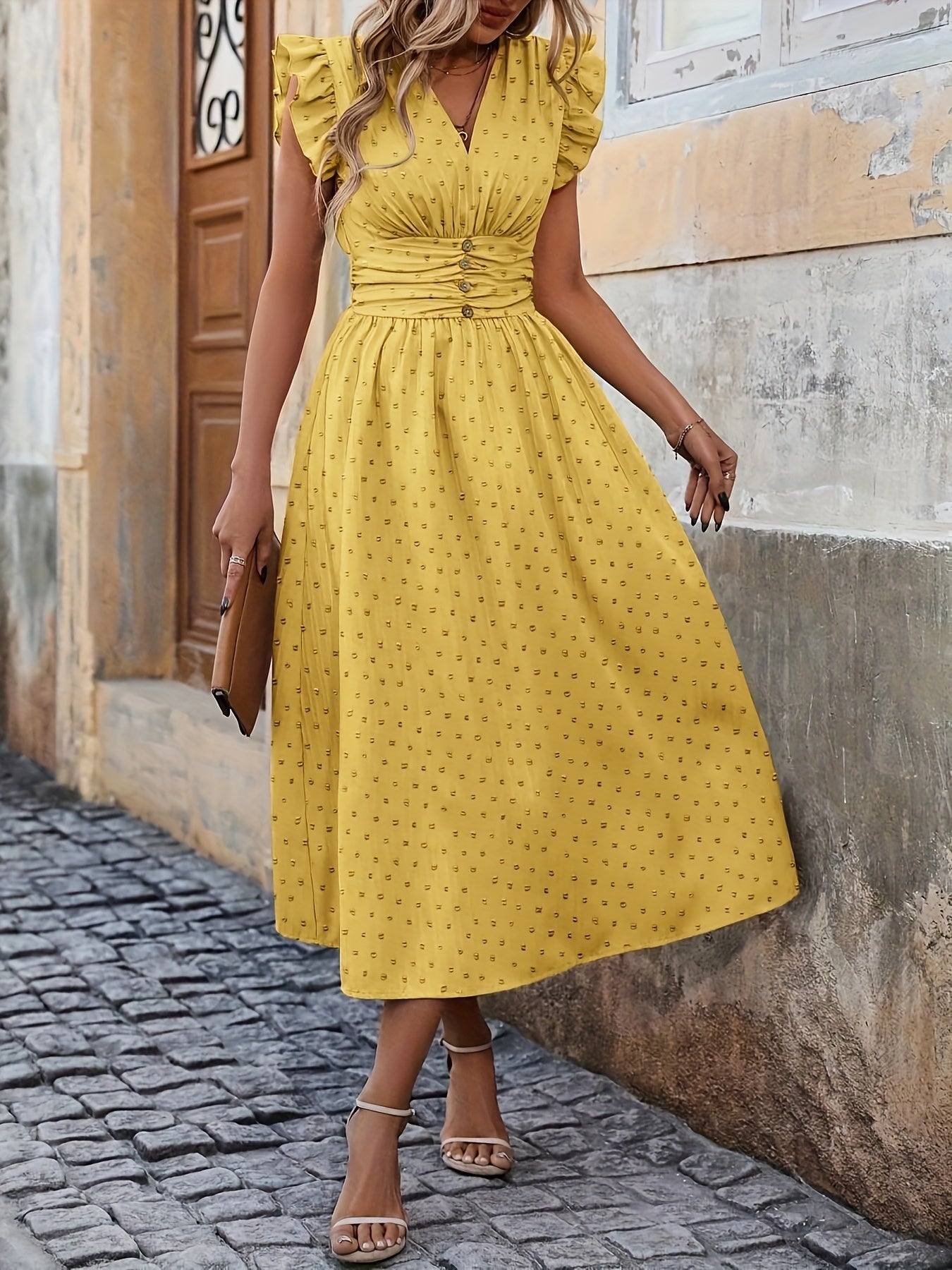 V-Neck Midi Dress – Ruffled Boho Style with Pockets - Lunavitae