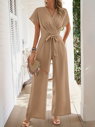 Chic Surplice Jumpsuit – Tie Waist, Wide Leg Fit - Lunavitae