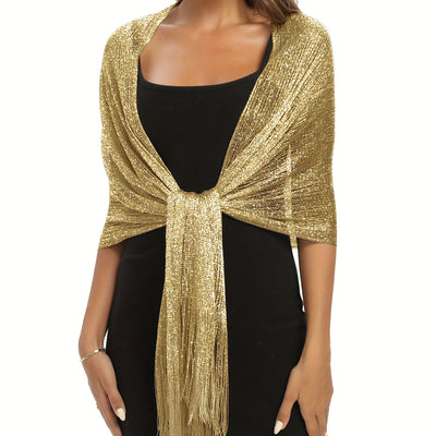 Sparkling Metallic Shawl – Tassel Wrap with Buckle - Lunavitae