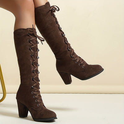 Chunky Heel Lace-Up Boots – Women’s Knee-High Style - Lunavitae