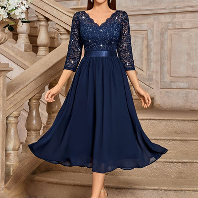 Sequin Lace Midi Dress – V-Neck, Tulle Skirt, 3/4 Sleeve - Lunavitae