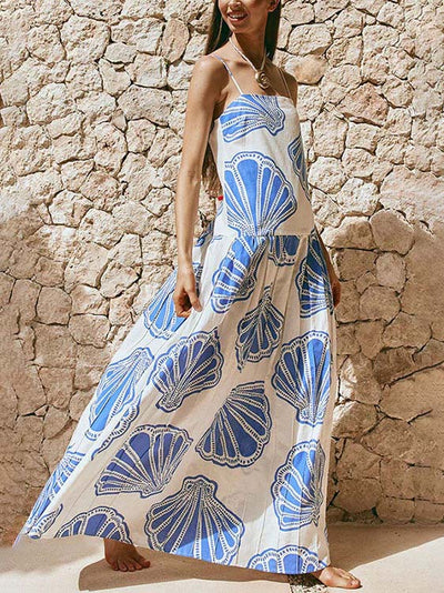 Holiday Casual Ocean Shell Print Sling Maxi Dress - Lunavitae