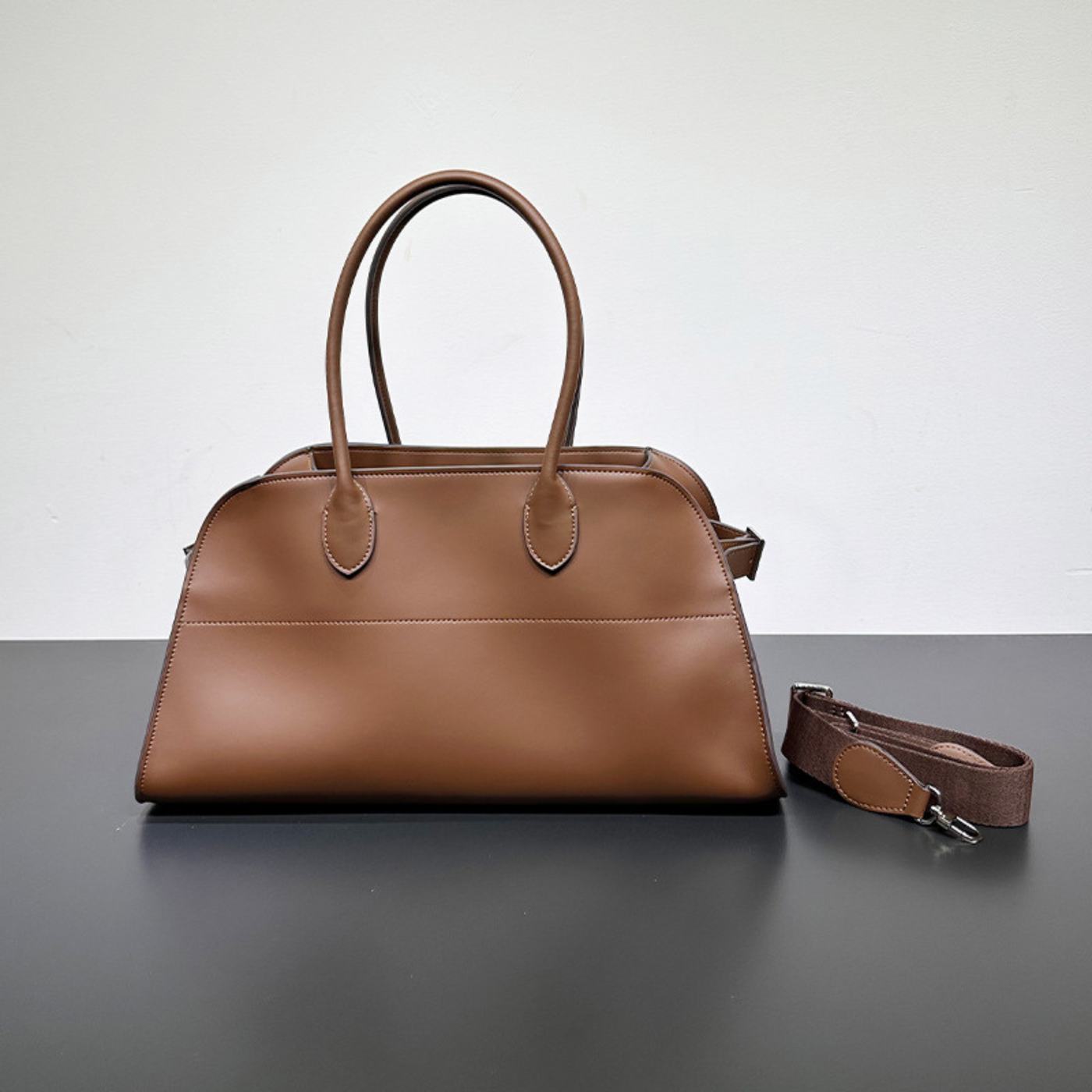 Wide-Base Structured Soft Leather Tote Bag