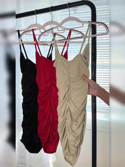 V-Neck Spaghetti Strap Mini Dress – Ruched & Sexy - Lunavitae