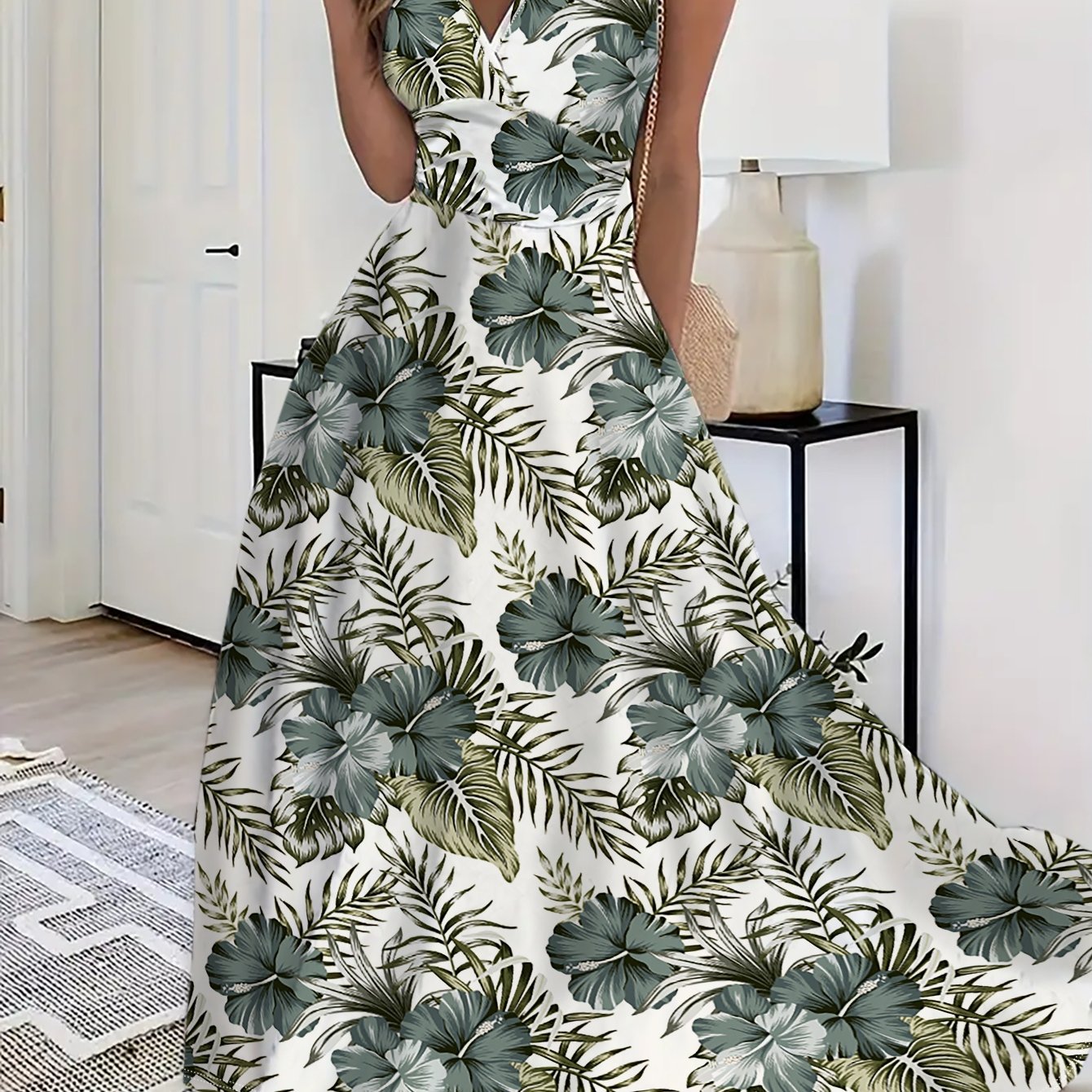 Floral V-Neck Midi Dress – Sleeveless, Flowy Skirt - Lunavitae