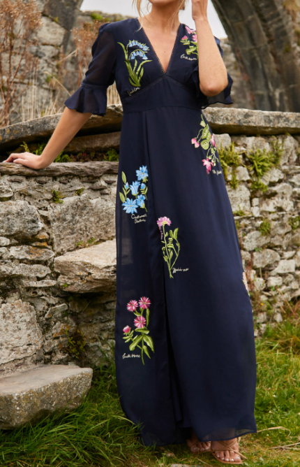Navy Blue Flower Embroidery Elegant Dress - Lunavitae