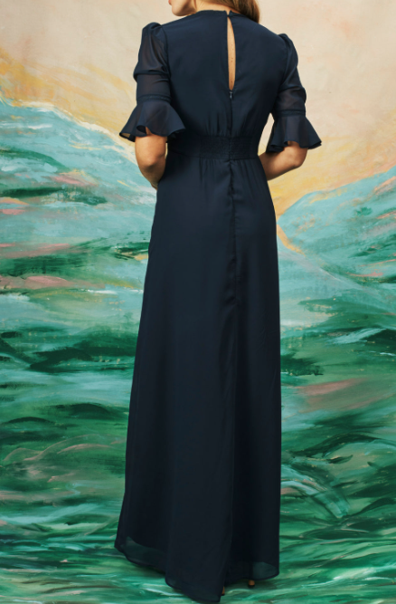 Navy Blue Flower Embroidery Elegant Dress - Lunavitae