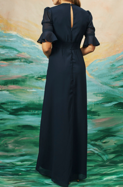 Navy Blue Flower Embroidery Elegant Dress - Lunavitae