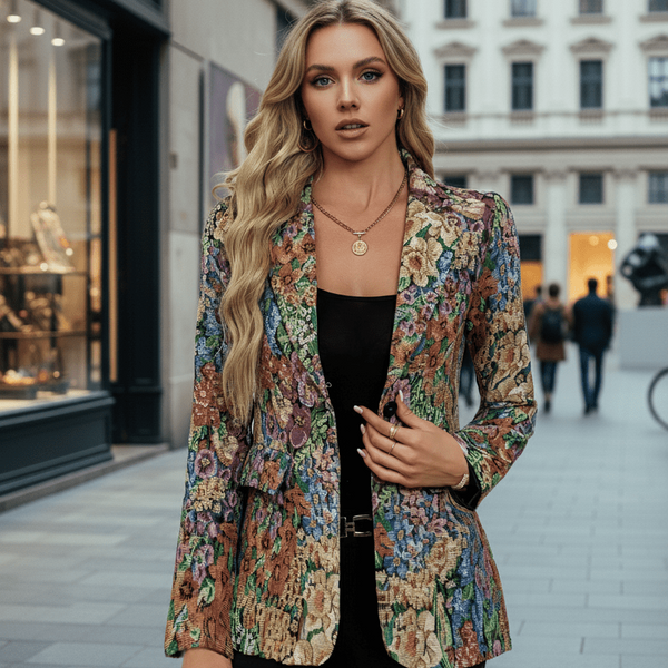 Women’s Vintage Floral Single-Breasted Blazer with Long Sleeves
