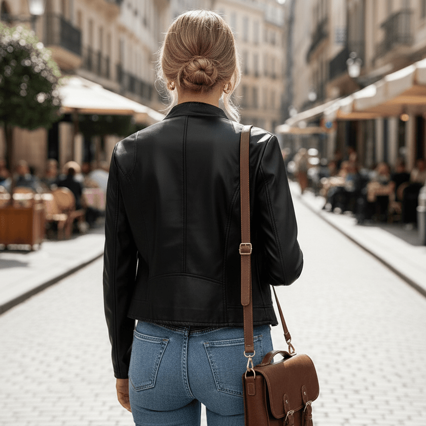 Womens Elegant Black PU Jacket – Chic Fall/Winter Style