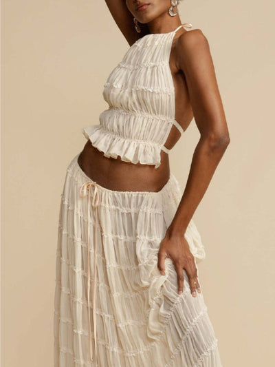 Pleated Drawstring Charm Waist Tiered Maxi Skirt - Lunavitae