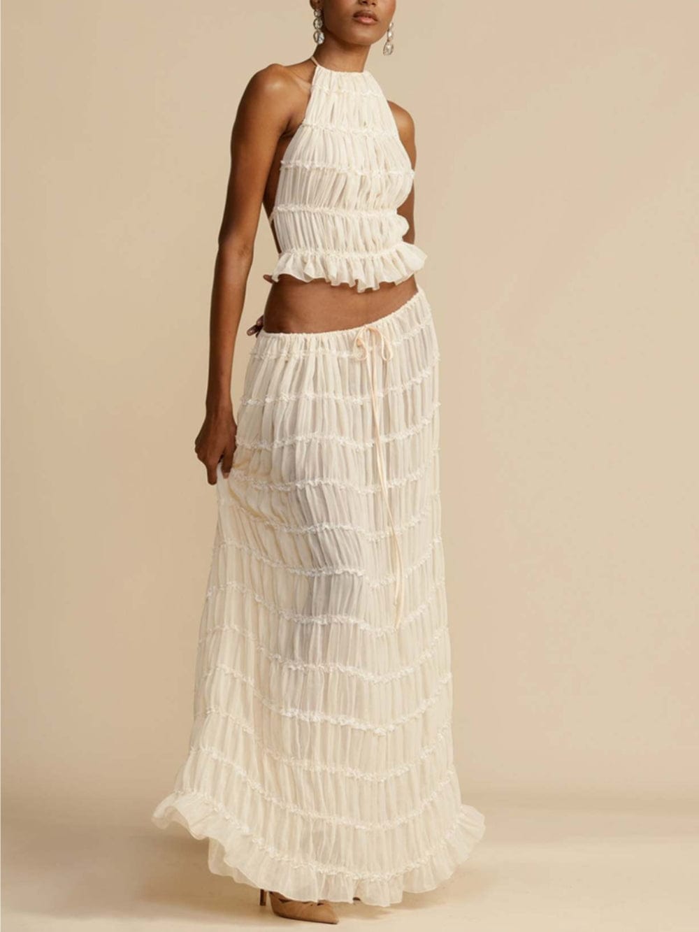 Pleated Drawstring Charm Waist Tiered Maxi Skirt - Lunavitae