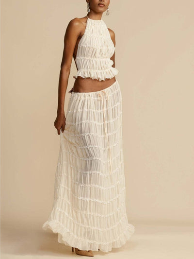Pleated Drawstring Charm Waist Tiered Maxi Skirt - Lunavitae