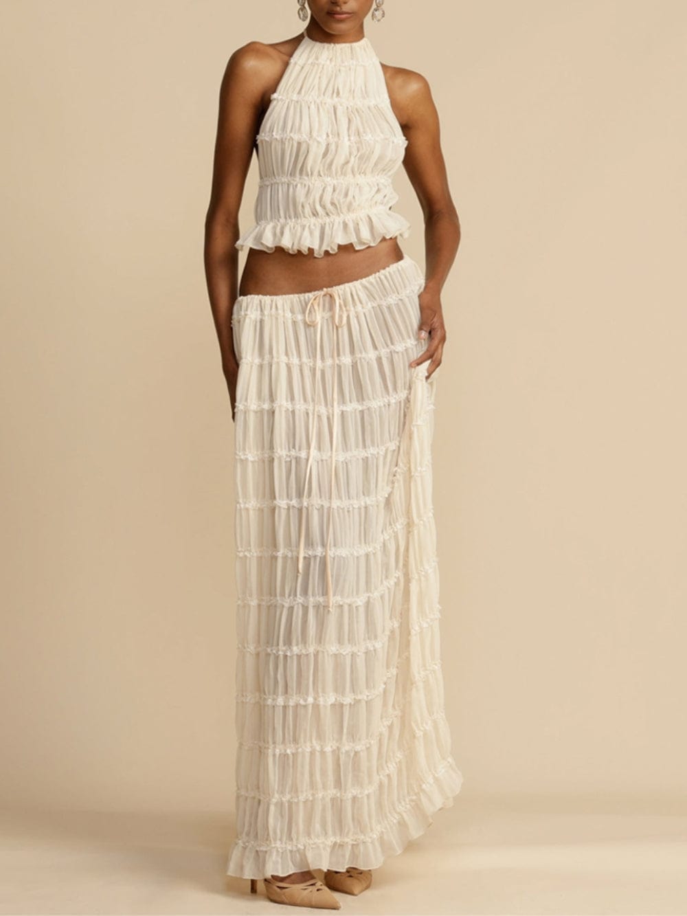 Pleated Drawstring Charm Waist Tiered Maxi Skirt - Lunavitae