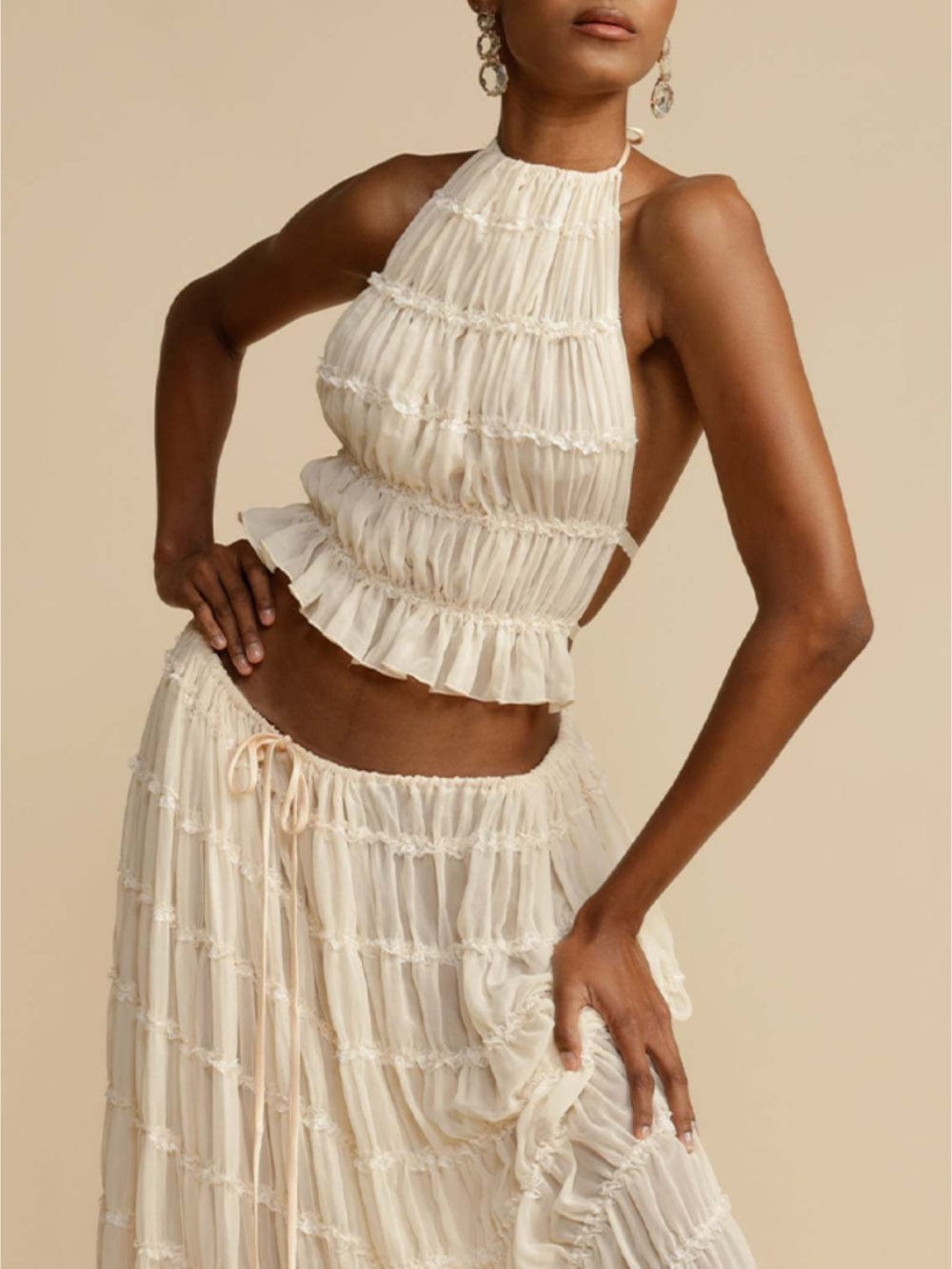 Pleated Drawstring Charm Waist Tiered Maxi Skirt - Lunavitae