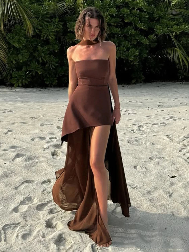 Women’s Strapless Mesh Dress – Ribbon Detail, Beach Style - Lunavitae