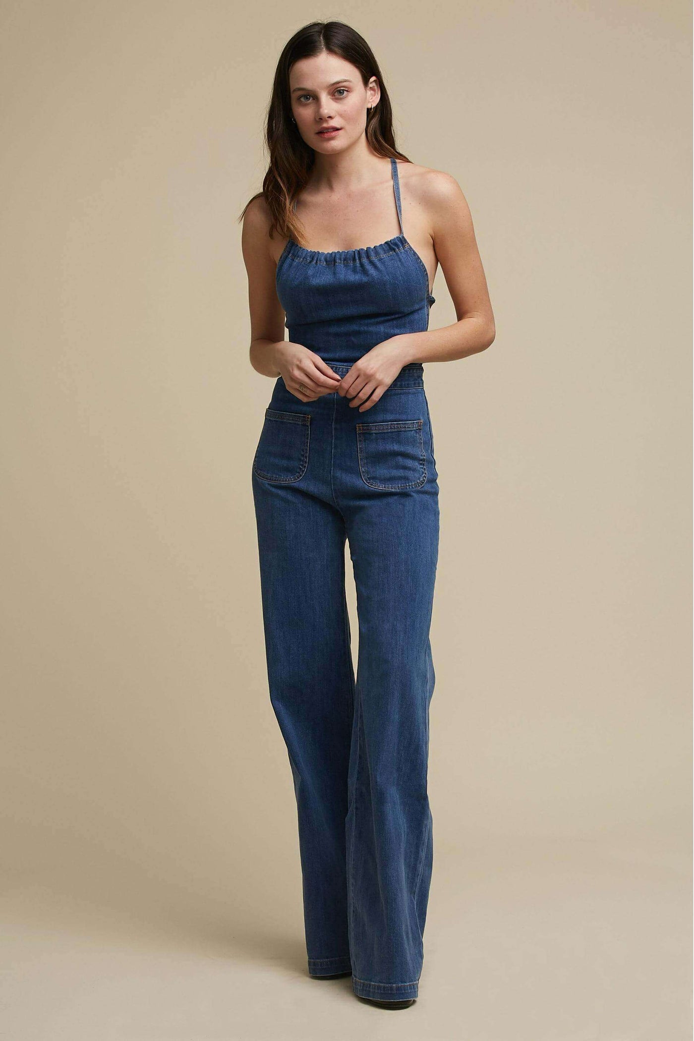 Flared Denim With Tie Back Jumpsuit - Lunavitae