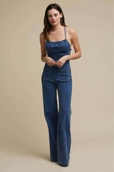 Flared Denim With Tie Back Jumpsuit - Lunavitae